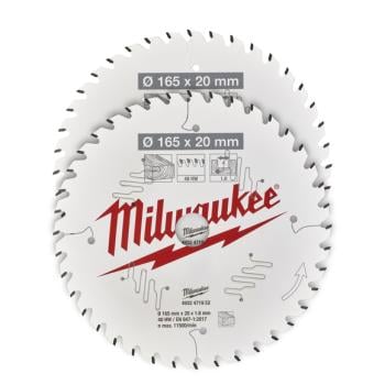 Milwaukee 4932492433 165mm x 20mm Bore x 40 Tooth Circular Saw Blade for Wood Twin Pack