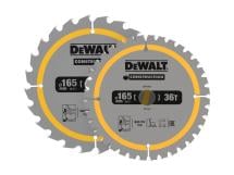 DEWALT DT90270 Construction Circular Saw Blade 2 Pack 165mm x 20mm x 24T/36T DEWALT DT90270 Construction Circular Saw Blade 2 Pack 165mm x 20mm x 24T/36T